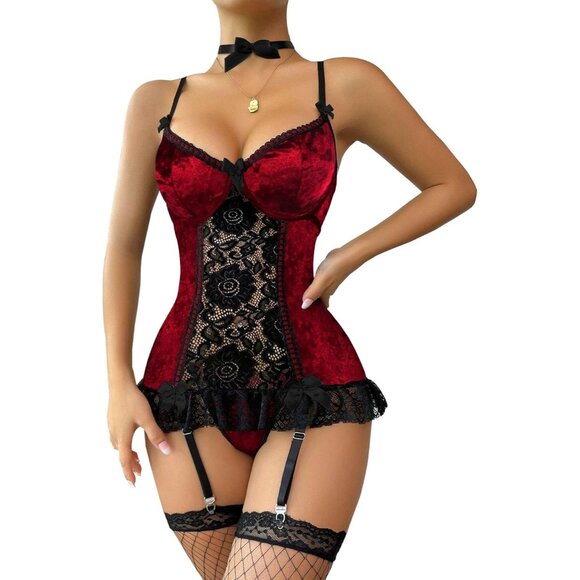 Sexy Floral Lace Garter Belt Babydoll Corset Push Up Red Velvet Lingerie Set